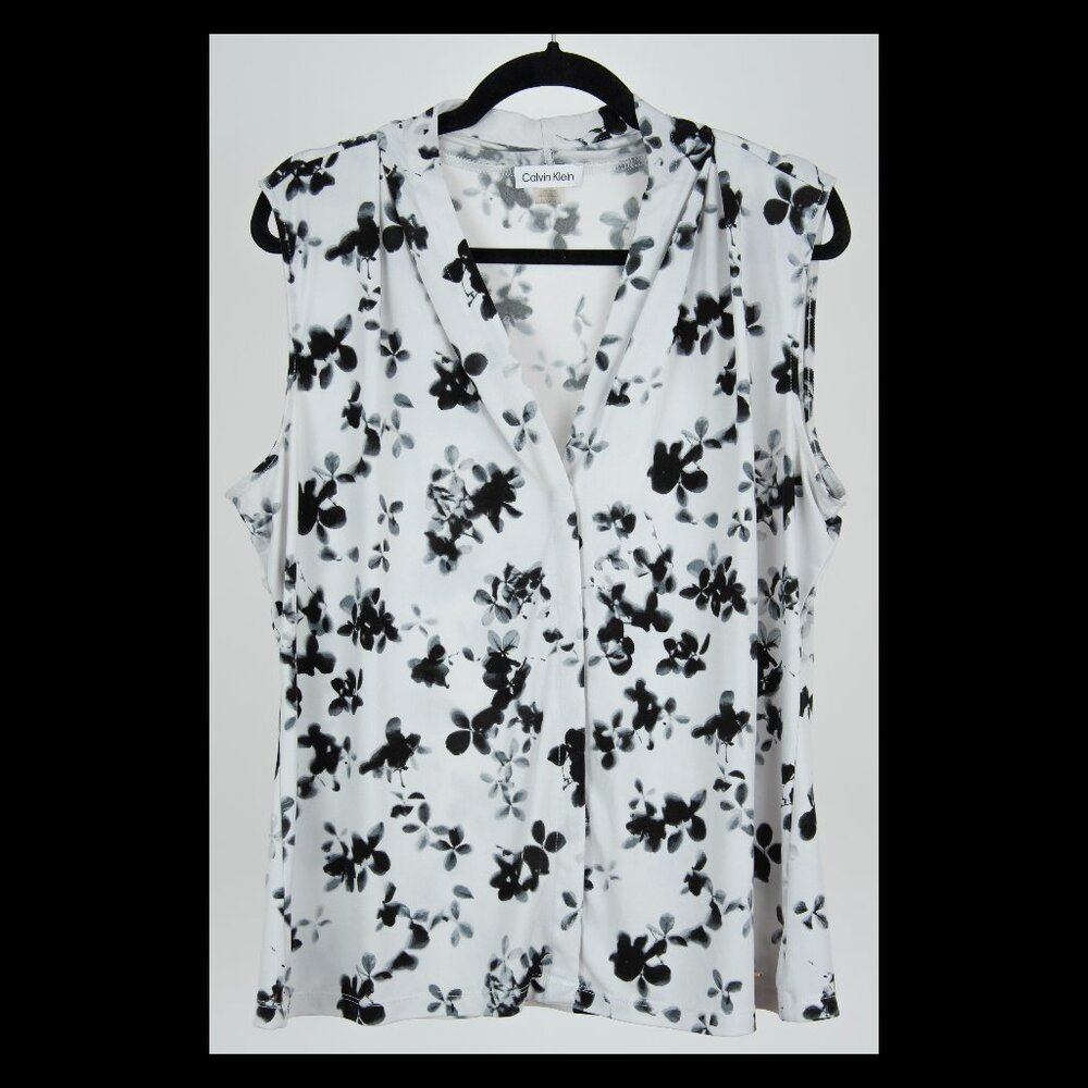 Calvin Klein Womens Black White Floral Vneck Stretch Sleeveless Top XL EUC